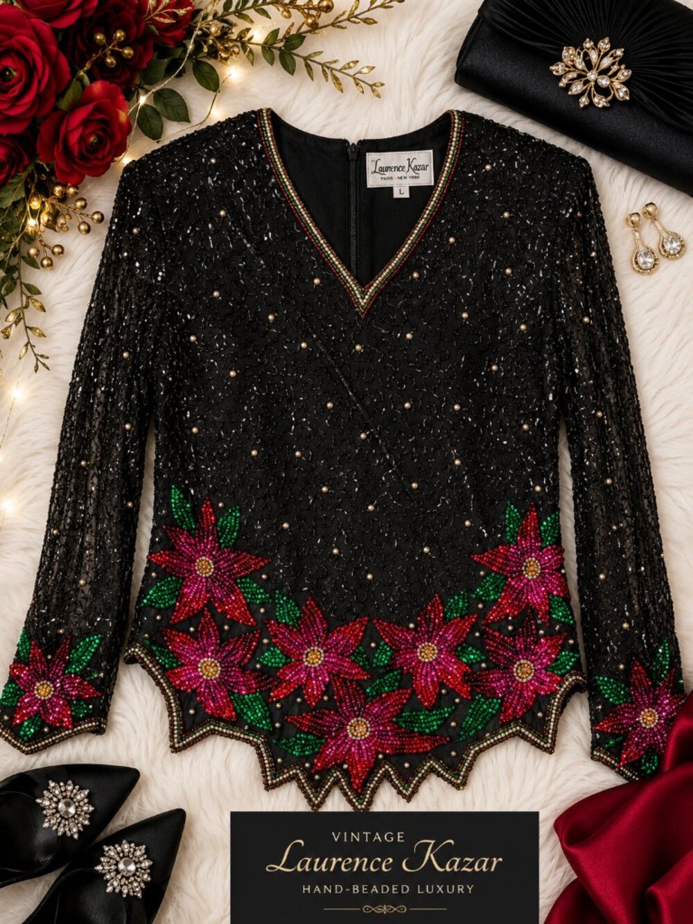 Vintage Laurence Kazar Silk Beaded Sequin Floral Top Large Black Holiday Party - Picture 1 of 6